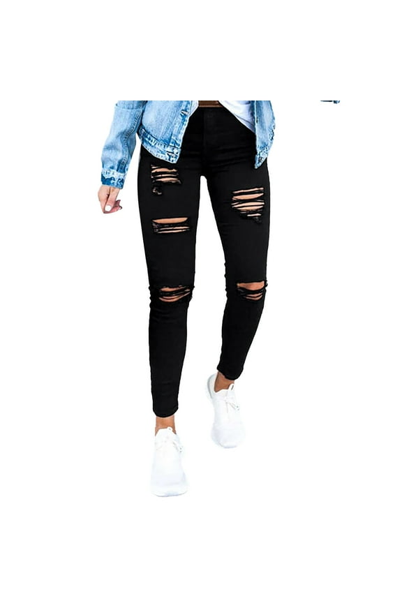 Ripped Jeans Womens Tight Women's Boyfriend Baggy Jeans Straight Leg Casual Denim Pants(Black,XL)