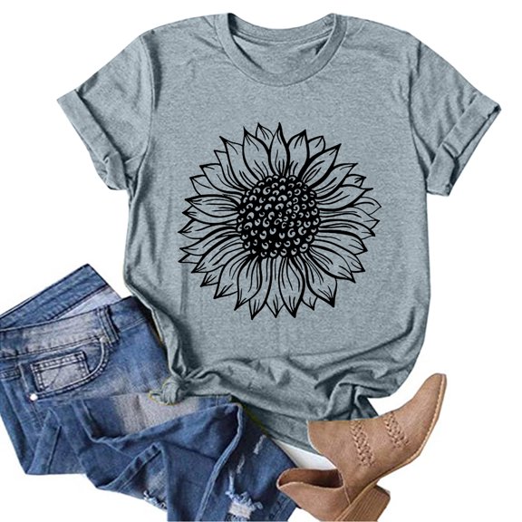 Cathalem Running Shirts Women Women Casual Sunflower Printing Shirts Round Neck Short Sleeve Tee Tops Tunic Womens Shirt Cotton Shirt Grey Small