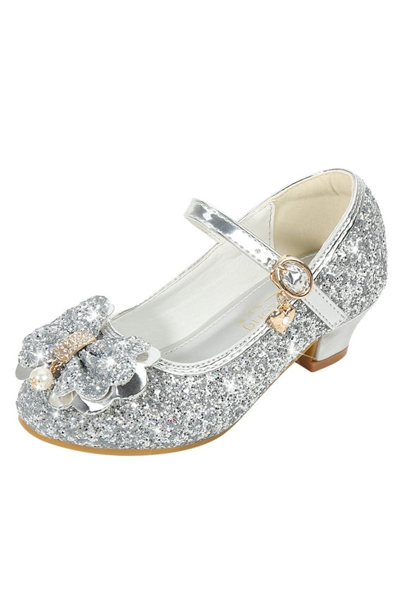 Sandal Girls Big_Kid Female Wedge Sandals for Girls Size 13 Pumps Glitter Sequins Princess Bowknot Low Heels Party Dance Shoes Slide Girls Grey 12.5 Little Kid