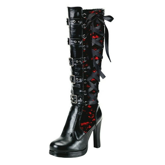 Cathalem Shoes Women Adult Female Knee High Boots Platform Women Gothic Leather Fashion Boots Tied Bows women's Thigh High Suede Boots for Women Flat Red 10.5