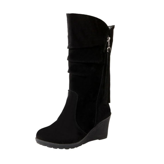 Cathalem Shoes Women Adult Female Wide Calf Womens Boots Lacy Show Thinning Height Wedge Heel Frosted Side Extra Wide Calf Boots for Women with Heel Black 9