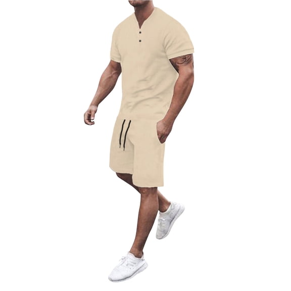 Cathalem Short Sets Men 2 Piece Outfits Vacation Men's 2 Piece Outfits Sets Short Sleeve T-Shirt and Shorts Set(Beige,XL)