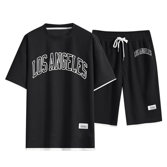 Cathalem Short Sets Men 2 Piece Outfits Vacation Men's Shirt and Shorts Set Summer Outfits 2 Piece Shorts Tracksuit Fashion Casual Short Sleeve Suit(Black,XL)