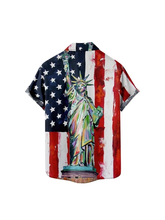 Silk T Shirt Men Mens Fashion And Leisure Independence Day 3D Digital Printing Buckle Lapel Short Sleeve Summer Blouse Shirt Red Medium