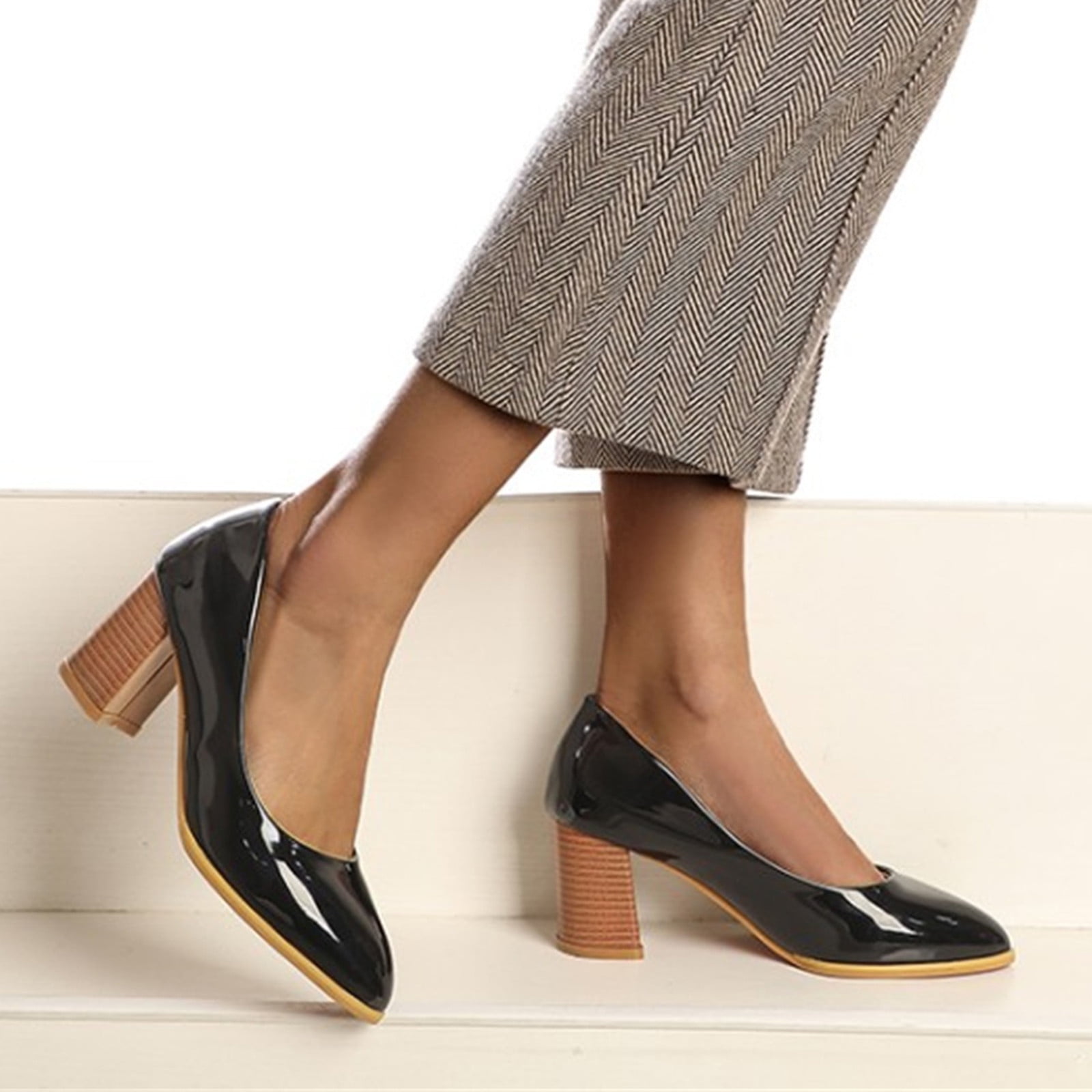 Cathalem Size 11 Wide Heels Ladies Fashion Solid Color Bright Leather Pointed Shallow Mouth Thick Platform Work Shoes for Women Black 7.5