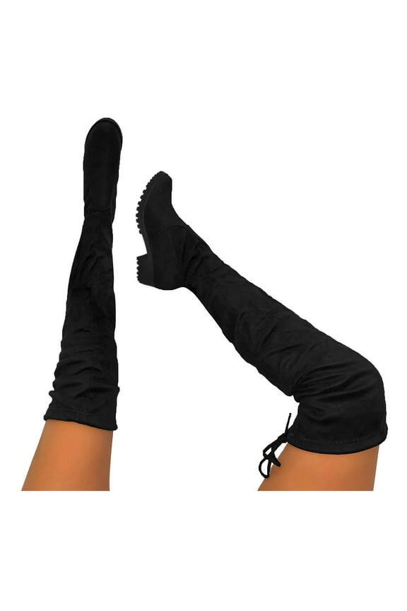 Suede Knee High Boots for Women Flat Women Boots Women's Winter Thermal Villi Leather Platform Fashion High Top Boots Black 9