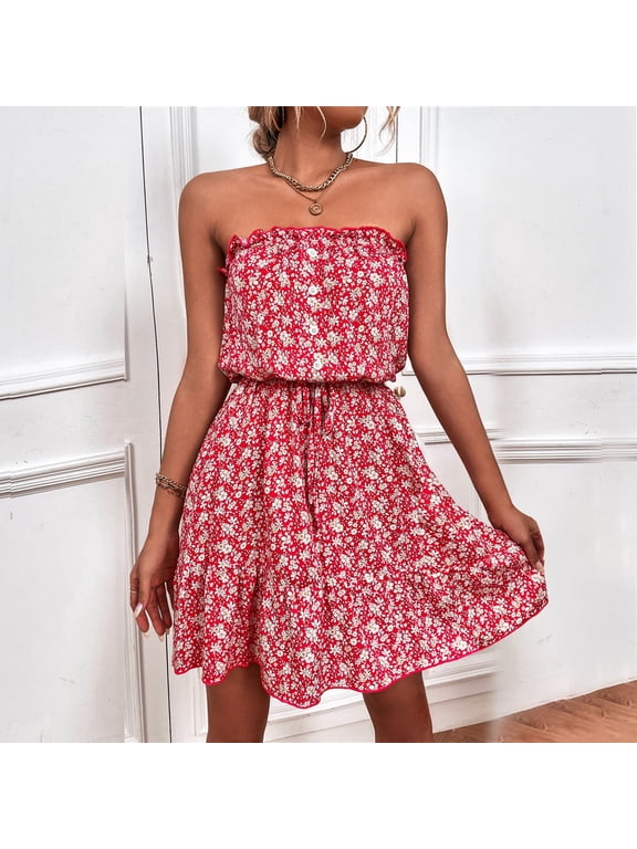 Summer Dress for Women Womens Casual Plus Size Summer Boho Chiffon Print Midi Skater Dress with Ruffle Summer Women Dress Red Medium