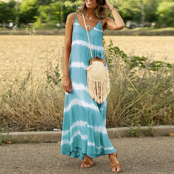 Cathalem Summer Dresses Casual Maxi Womens Gradient Neck Loose Tie-Dye Dress(S-5XL) V Striped Casual Sleeveless Summer Dress Maxi Dress Green 4X-Large