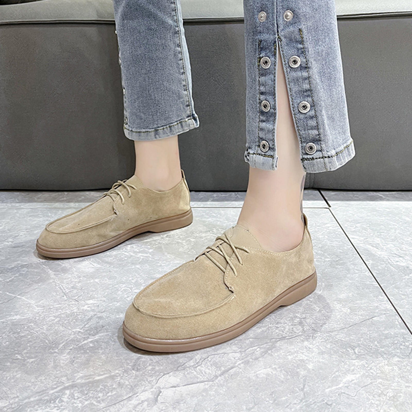Cathalem Summer Shoes for Women Casual Suede Flat Front Lace Up Casual  Flock Single Shoes Causal Women Shoes Wide Width Casual White 6.5