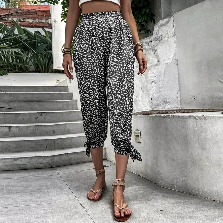 Cathalem Summer Work Pants for Women Womens Flower Prinnted Linen Capri  Pants Casual Two Piece Outfits for Women Pants Set Pants Black Small