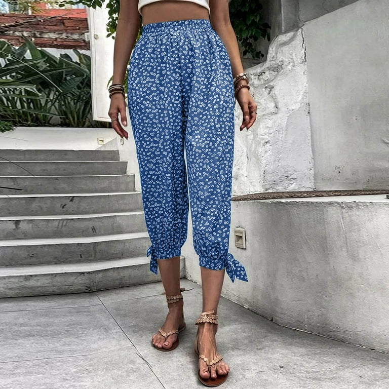 Cathalem Summer Work Pants for Women Womens Flower Prinnted Linen Capri  Pants Casual Two Piece Outfits for Women Pants Set Pants Blue Small