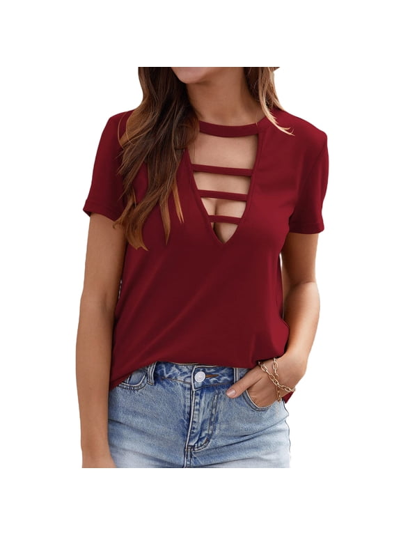 T Shirt Women Soft Women Summer Casual Cut Out Deep V Neck Choker Short Sleeve Tee Shirt Short Sleeve Shirts for Women Shirt Medium
