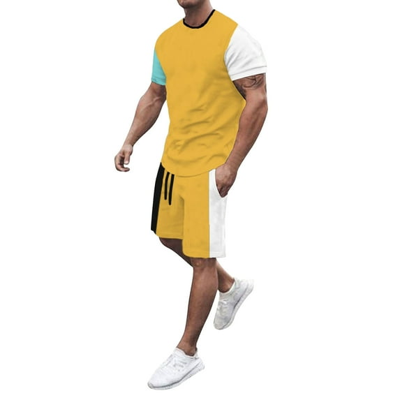 Cathalem T Shirt and Shorts Set Men Fashion Men's Tracksuits 2 Piece Casual Athletic Outfits Short Sleeve Track Suits for Men Set(Yellow,XXXL)