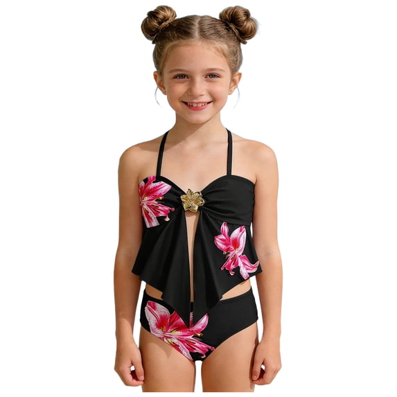 Cathalem Teen Tankini Set Swimsuits Girls Cute Pattern Ruffled Tops Bikini Bathing Suit Kids Swimwear Set Black 15-16 Years