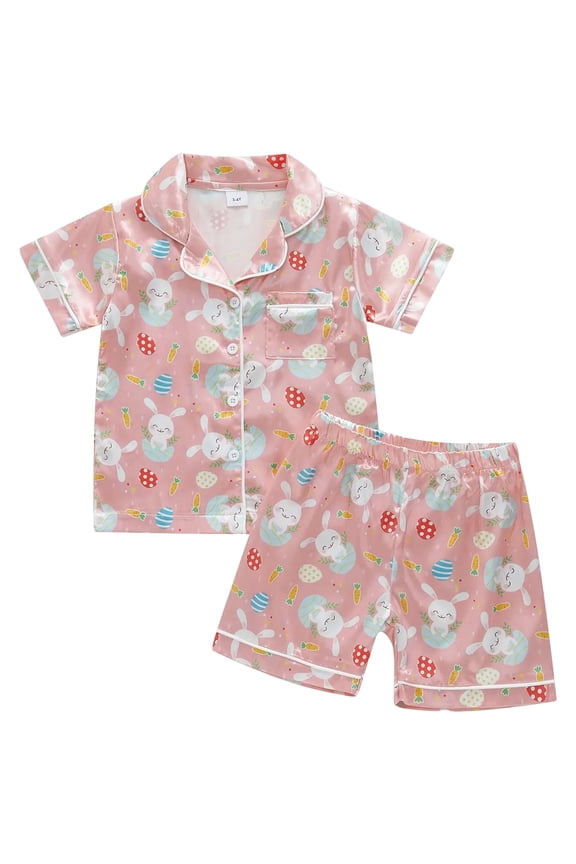 Toddler Baby Boy Girl Easter Silk Pajamas Floral Bunny Short Sleeve Button Shirts Lounge Shorts Satin Pjs Sleepwear Red 2-3 Years