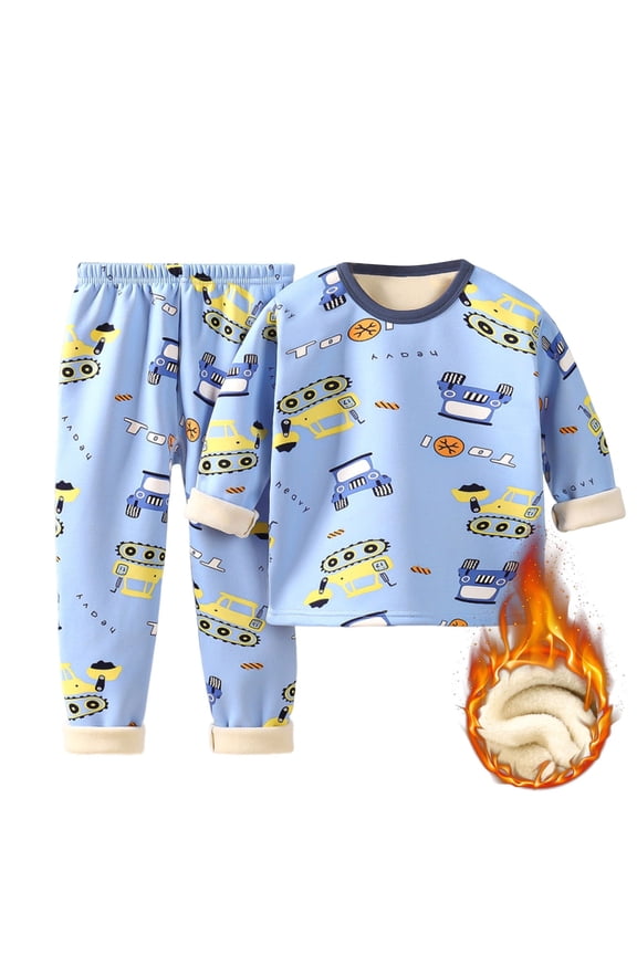 Toddler Boys Girls Thermal Underwear Set Fleece Lined Base Layer Long Johns Baby Kids Cute Printed Sets Cotton Warm Clothes(4-5 Years)Sky Blue