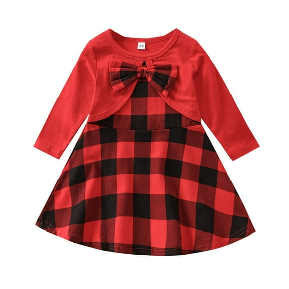 Cathalem Toddler Dress Casual Dress Girls Size 8 Xmas Toddler Kids Baby Girls Long Sleeve Patchwork Plaid (Red, 3-4 Years)