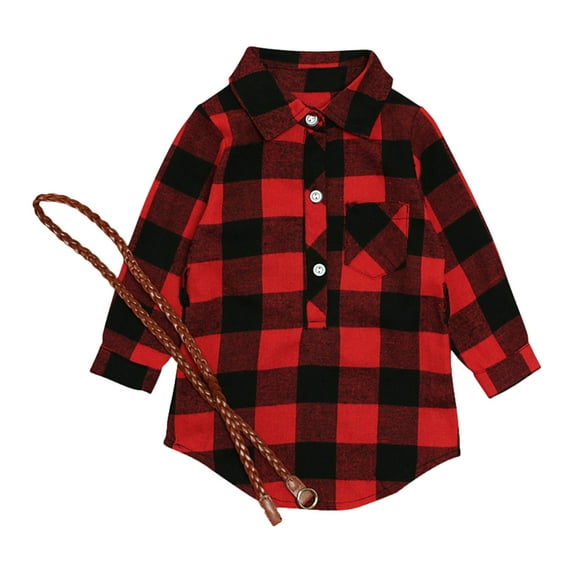 Cathalem Toddler Dress Long Sleeve Shirt Kids Girls Toddler Plaid Pleated Mini Dress Button Down Plaid Flannel Toddler Girls (Red, 3-4 Years)