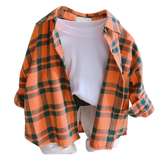 Cathalem Toddler Flannel Shirt Jacket Plaid Long Sleeve Lapel Button-Down Shacket Jacket Kids Boys Girls School Uniform Orange 18-24 Months