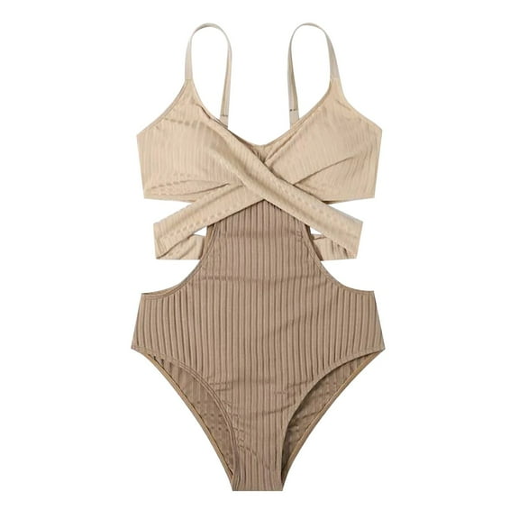 Cathalem Tummy Control Swimsuits for Women - Push Up Bathing Suit Full Coverage Slimming Swimwear (Beige,L)