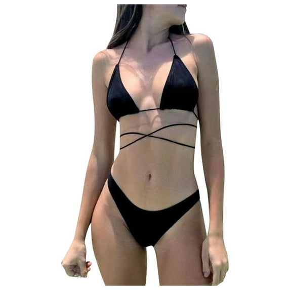 Cathalem Two Piece Swimsuit for Women Women's Bikini Sets Two Piece Swimsuit High Waisted V Neck Twist Front Adjustable Spaghetti Straps Bathing Suit (Black,XL)