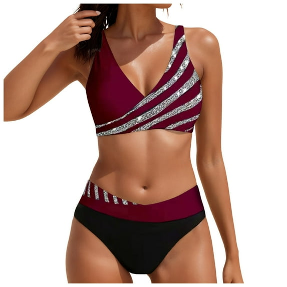 Cathalem Two Piece Swimsuit for Women High Waisted Push Up Cheeky Drawstring Two Piece Bathing Suit (Wine,M)