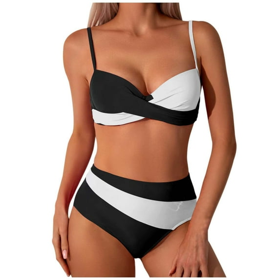 Cathalem Two Piece Swimsuit for Women Women's Halter Bikini Set Crochet Triangle Two Piece Bathing Suit Side Tie Swimwear (Black,XL)