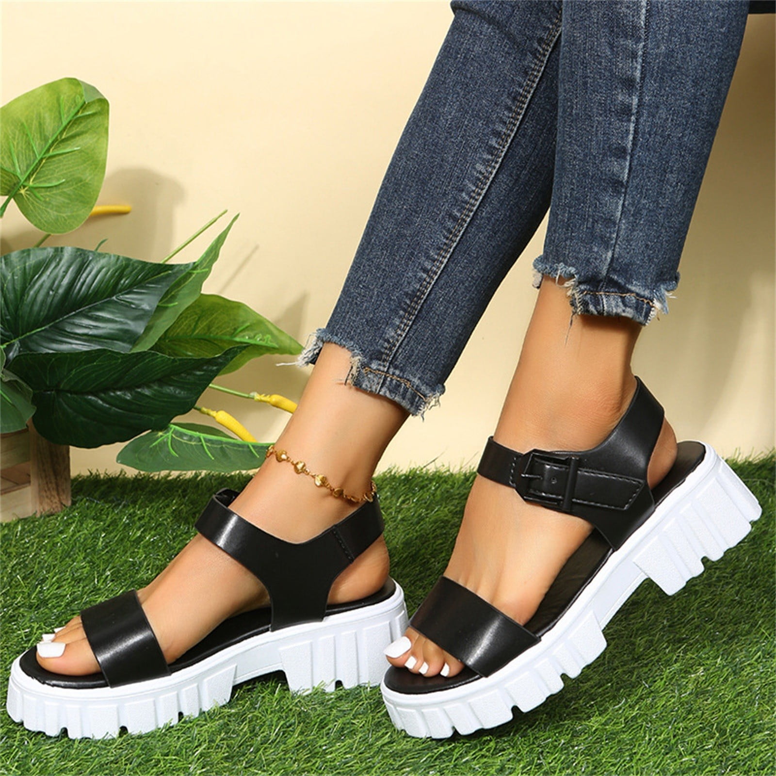 YUHAOTIN womens Sandals Wide Fit Walking Size 5 Memory Foam Sandals Women  Women's Solid Color Buckle Full Sole Rubber Low Heel Summer Sandals Extra  Wide Fit Sandals for Women: : Fashion