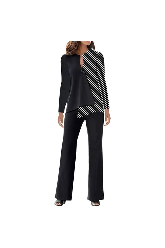 Women 2 Piece Outfits Casual Long Sleeve Top Loose Wide Leg Pants Trousers Two Piece Set Suit Black XL