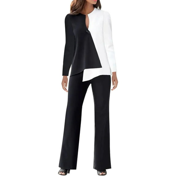Cathalem Women 2 Piece Outfits Casual Long Sleeve Top Loose Wide Leg Pants Trousers Two Piece Set Suit White L