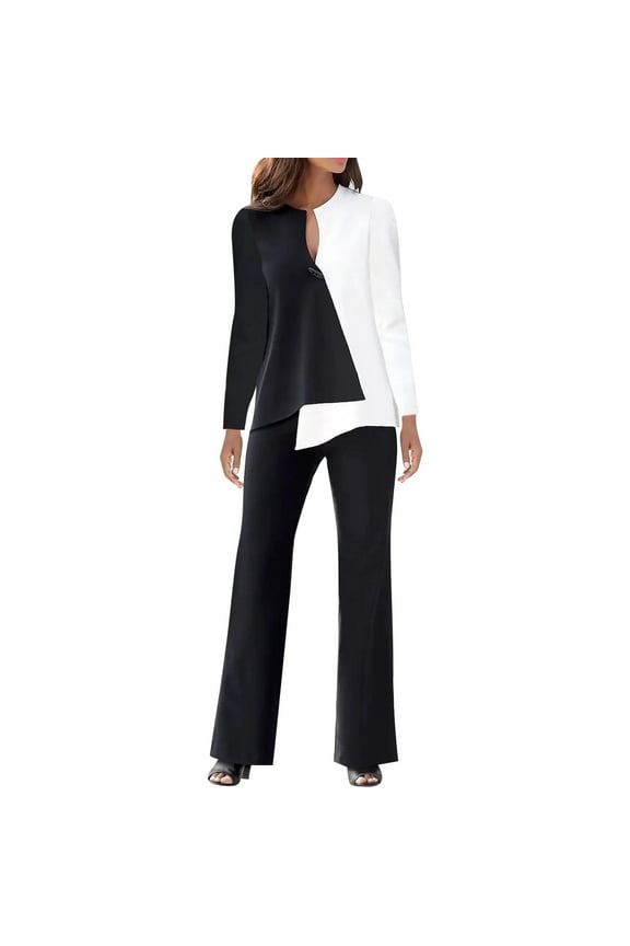 Women 2 Piece Outfits Casual Long Sleeve Top Loose Wide Leg Pants Trousers Two Piece Set Suit White M
