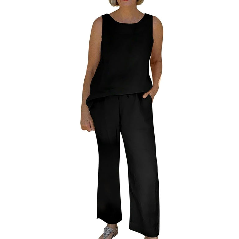 Cathalem Women Cotton Linen Suit Fashion Comfortable Short Sleeve And Long  Pants Solid Color Black XL