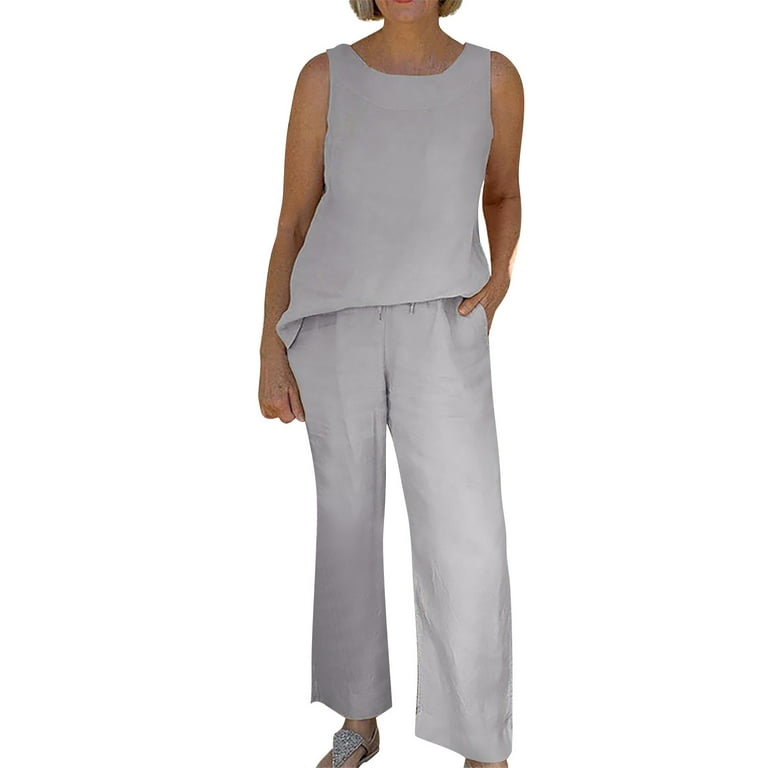 Cathalem Women Cotton Linen Suit Fashion Comfortable Short Sleeve And Long  Pants Solid Color Grey XXXL