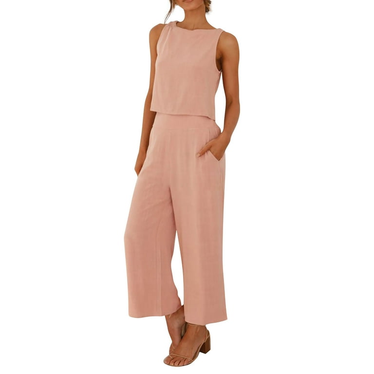 Cathalem Women Cotton Linen Suit Fashion Comfortable Vest And Long Pants  Solid Color Top Set Suit Pink XXXL