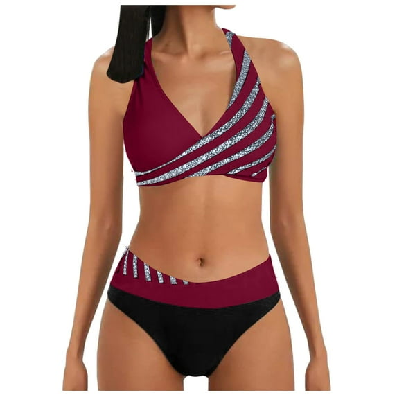 Cathalem Women High Waisted Thong Bikini Set Reversible String 2 Piece Swimsuit (Wine,XL)