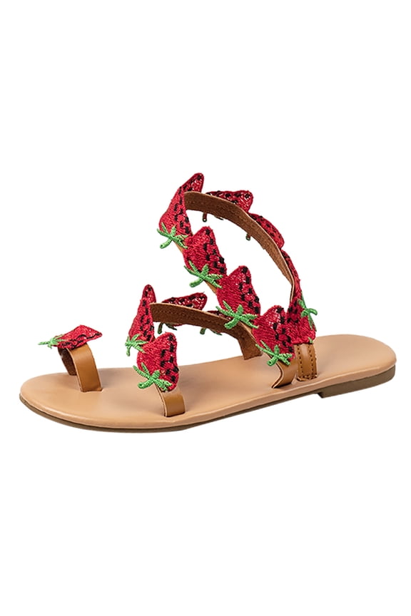 Women Summer Strawberry Decoration Flock Slip On Casual Open Toe Flat Soft Bottom Breathable Shoes Sandals Red 40