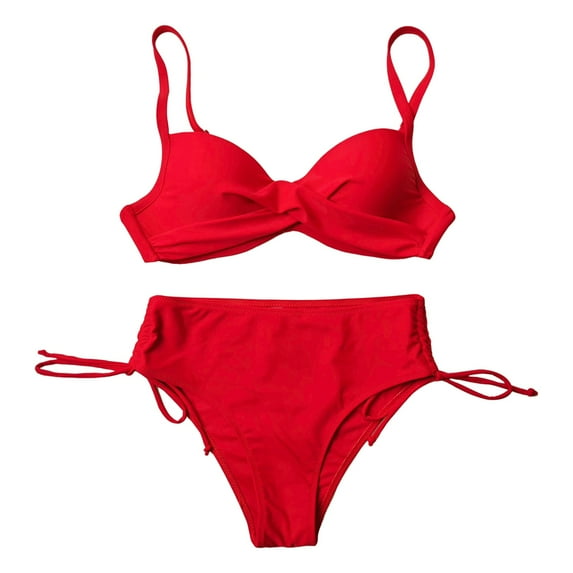 Cathalem Women Swimsuits Womens High Waisted Bikini Sets Drawstring Tummy Control Swimsuits Tie Back Bathing Suit (Red,XL)