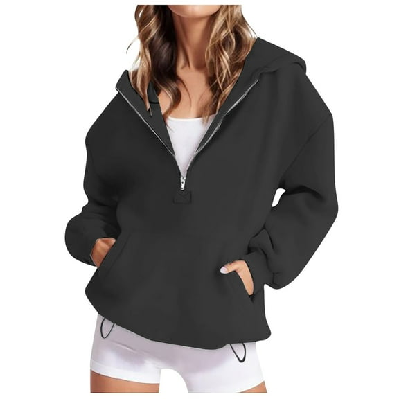 Cathalem Women's 2025 Fall Hooded Sweatshirts Long Sleeve Half Zip Cropped Hoodies Pullover Winter Fashion Clothes (Black,XL)