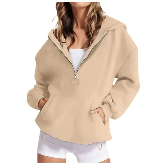 Cathalem Women's 2025 Fall Hooded Sweatshirts Long Sleeve Half Zip Cropped Hoodies Pullover Winter Fashion Clothes (Khaki,L)