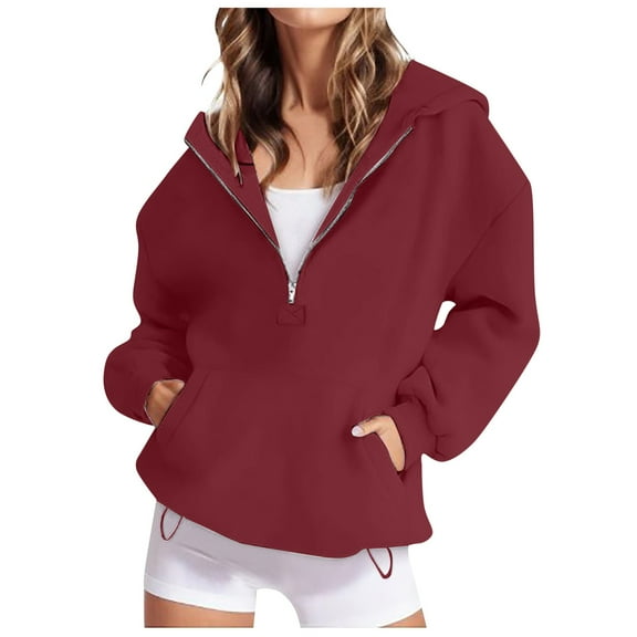 Cathalem Women's 2025 Fall Hooded Sweatshirts Long Sleeve Half Zip Cropped Hoodies Pullover Winter Fashion Clothes (Red,XXL)