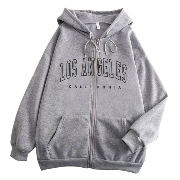 Cathalem Women's Letter Print Hoodie - Zip Up Long Sleeve Pullover Sweatshirt, Casual Loungewear, Trendy Streetwear, Fleece Lined Hooded Jacket for Women (Grey,L)
