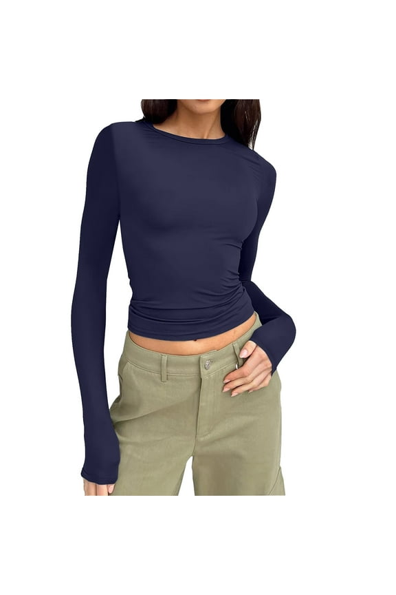 Women's Long Sleeve Tops Crew Neck V-Neck Women's Underscrub Tee Long Sleeve T-Shirt (Dark Blue,XS)