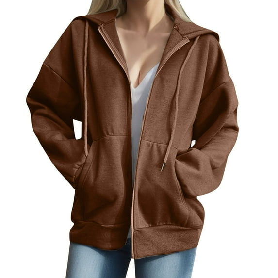 Cathalem Women's Solid Color Pullover Hoodie - Long Sleeve Casual Sweatshirt with Kangaroo Pocket, Cozy Fleece Lined Hooded Sweater for Women (Coffee,L)
