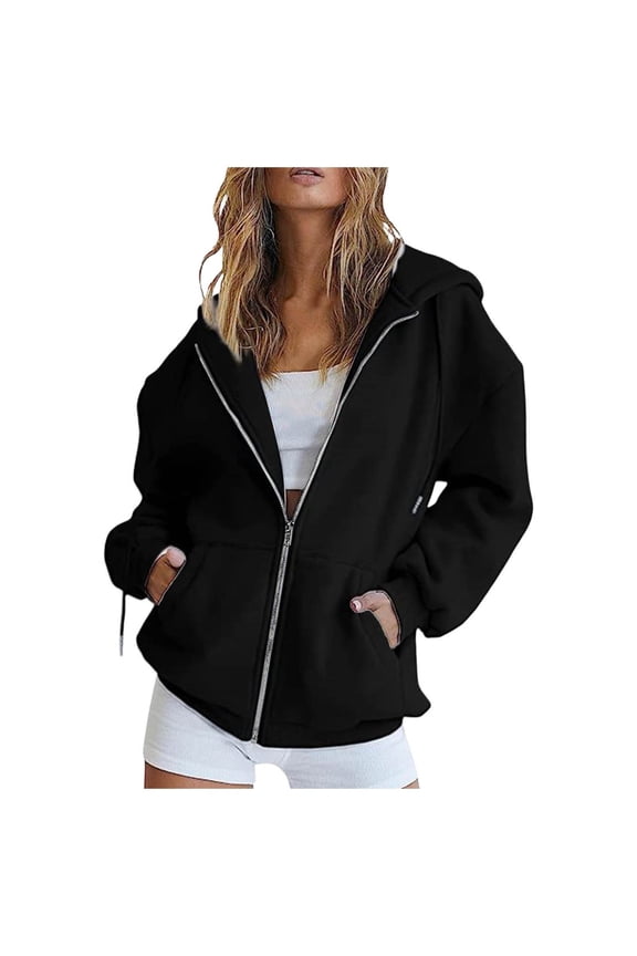 Women's Solid Color Zip-Up Fleece Hoodie - Winter Warm Pullover Sweatshirt with Zippered Pockets, Cozy Casual Hooded Jacket (Black,XXL)