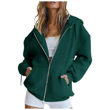 Cathalem Women's Solid Color Zip-Up Fleece Hoodie - Winter Warm Pullover Sweatshirt with Zippered Pockets, Cozy Casual Hooded Jacket (Dark Green,XL)