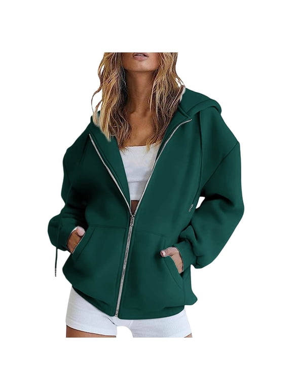 Women's Solid Color Zip-Up Fleece Hoodie - Winter Warm Pullover Sweatshirt with Zippered Pockets, Cozy Casual Hooded Jacket (Dark Green,XXL)