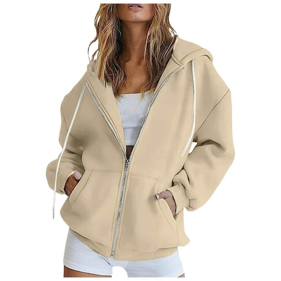 Cathalem Women's Solid Color Zip-Up Hoodie - Fleece Lined Winter Warm Hooded Sweatshirt with Zipper Pockets, Cozy Casual Pullover Jacket (Khaki,L)