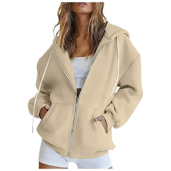 Cathalem Women's Solid Color Zip-Up Hoodie - Fleece Lined Winter Warm Hooded Sweatshirt with Zipper Pockets, Cozy Casual Pullover Jacket (Khaki,L)