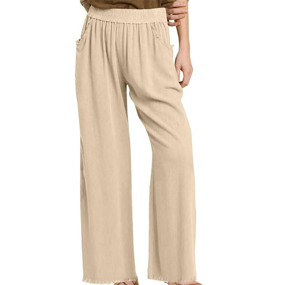 Cathalem Women's Summer Waist Wide Leg Loose Pants Casual Plus Size Pants with Pockets(Beige,S)