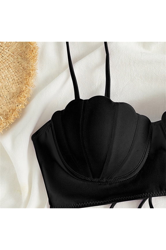 Womens 3 Piece Swimsuits Strappy Seashell Bikini Top Swim Tops Push Up Bathing Suits for Juniors Two Piece Underwear Black Large